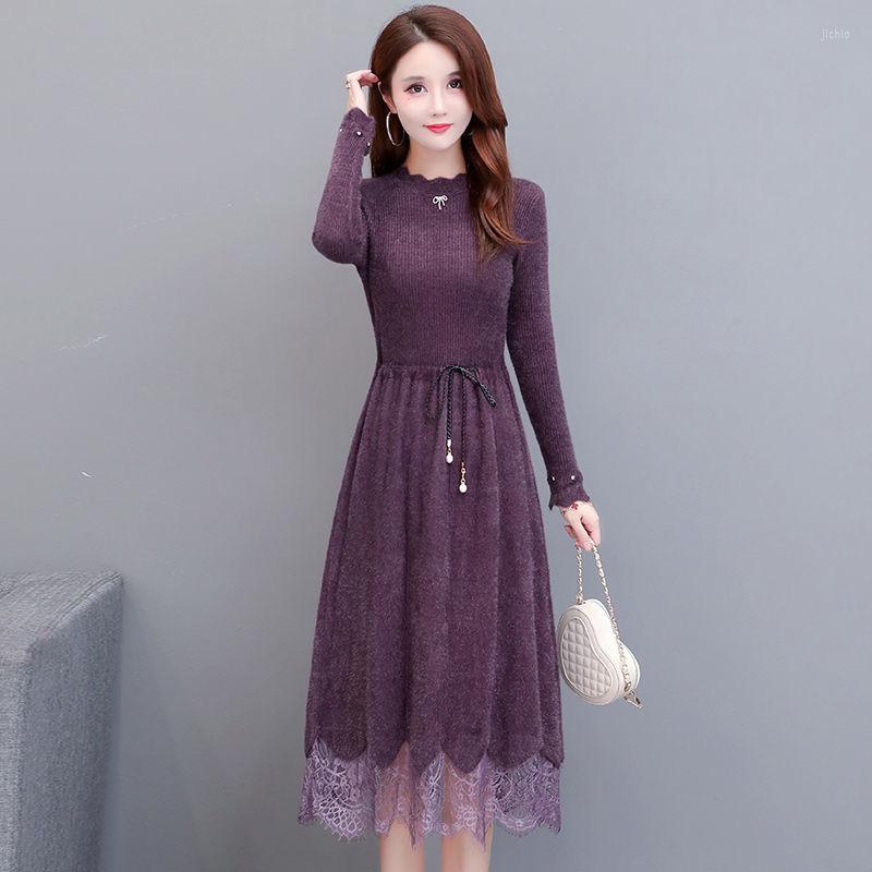 

Casual Dresses Femme Women Dress 2022 Autumn Winter Lace Long Sleeve Slim Bottoming Knitted Ladies Mid-Length Vestidos H1125, Black