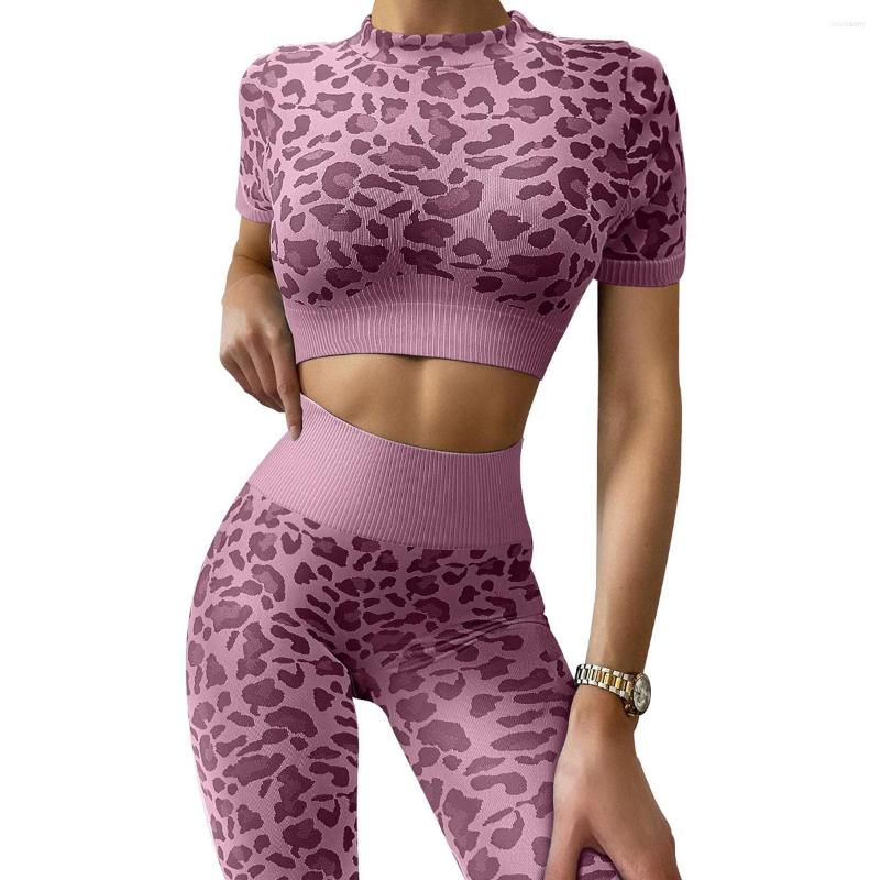 

Active Sets Seamless Leopard Yoga Sports Fitness High Waist Hip-lifting Trousers Short-Sleeved Suits Workout Gym Leggings Set For Women, Purple