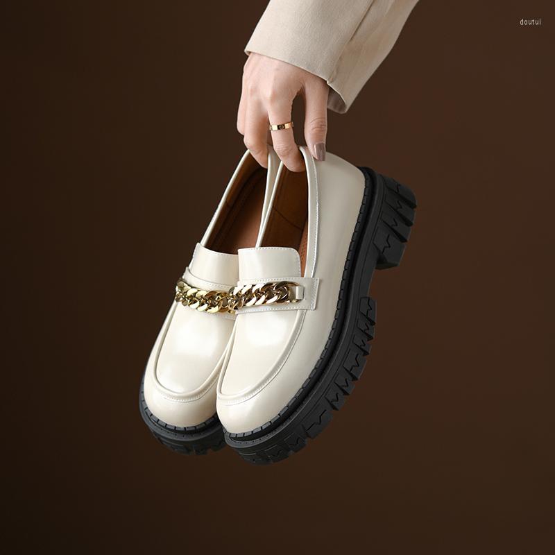 

Dress Shoes Curve Loafers For Women Split Leather Round Toe Metal Chain Mid High Heel Slip On Chunky Sole Ladies Casual Flat, Beige
