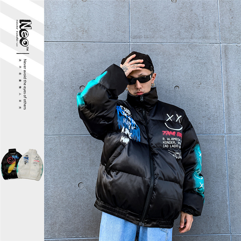 

Men's Down Parkas Men Clothing Smiley Face Color Jet Printing Outerwear Plush and Thicken Recreational Stand Collar Bread Jacket Winter Female 221207, Black