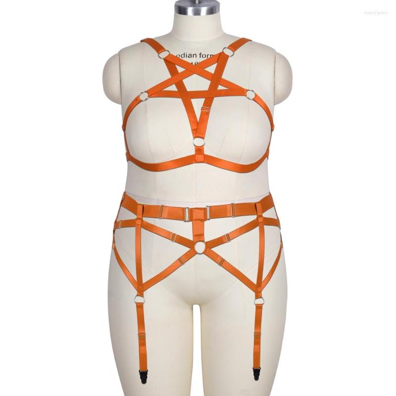 

Garters 2PC Sexy Plus Size Lingerie Pentagram Harness For Busty Women Tops Full Bondage Body Adjust Waist Festival Dance Rave Costume, White