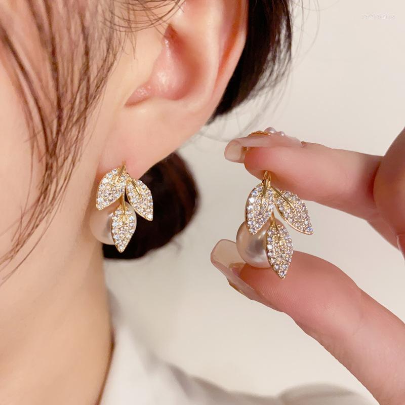 

Hoop Earrings High Quality Light Luxury Korean Version Slightly Inlaid With Zircon Leaves Two Pearl Delicate For Girls .