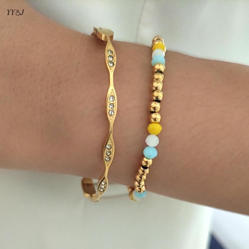 

Bangle Cubic Zirconia Wave Bangles For Women Stainless Steel Dainty No Fade Gold Color Jewelry Minimalist