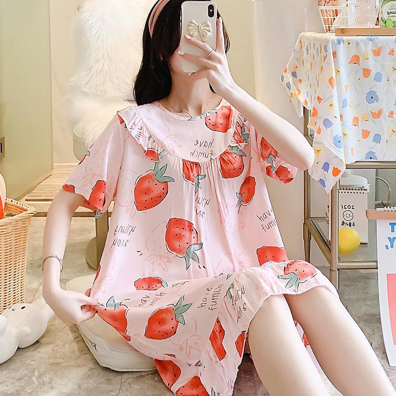 

Women's Sleepwear Summer Women's Cotton Silk Nightdress Thin Section Cute Large Size Lace Rayon Dress Pajamas Short-sleeved Home Cloth, Beige