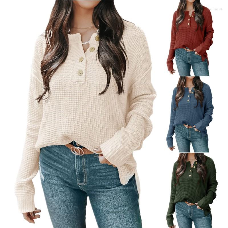 

Bandanas 2022 European And American Leisure Long Sleeve Knitwear Button V-neck Autumn Winter Loose Pullover Sweater