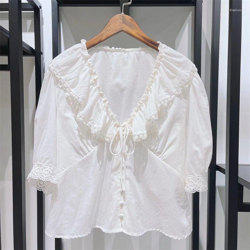 

Women' Blouses 2022 Summer Sweet Ruffles V-neck Bow Tie Bubble Short Sleeved Women Shirt, White