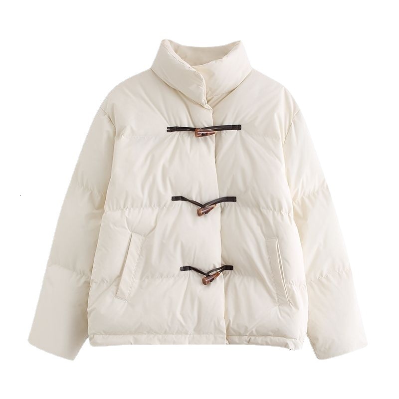 

Women's Down Parkas Fashion Short Horn Button Padded Winter jacket For Retro Thickened Long sleeved Hundred Solid Cotton Jacket 221207, Black