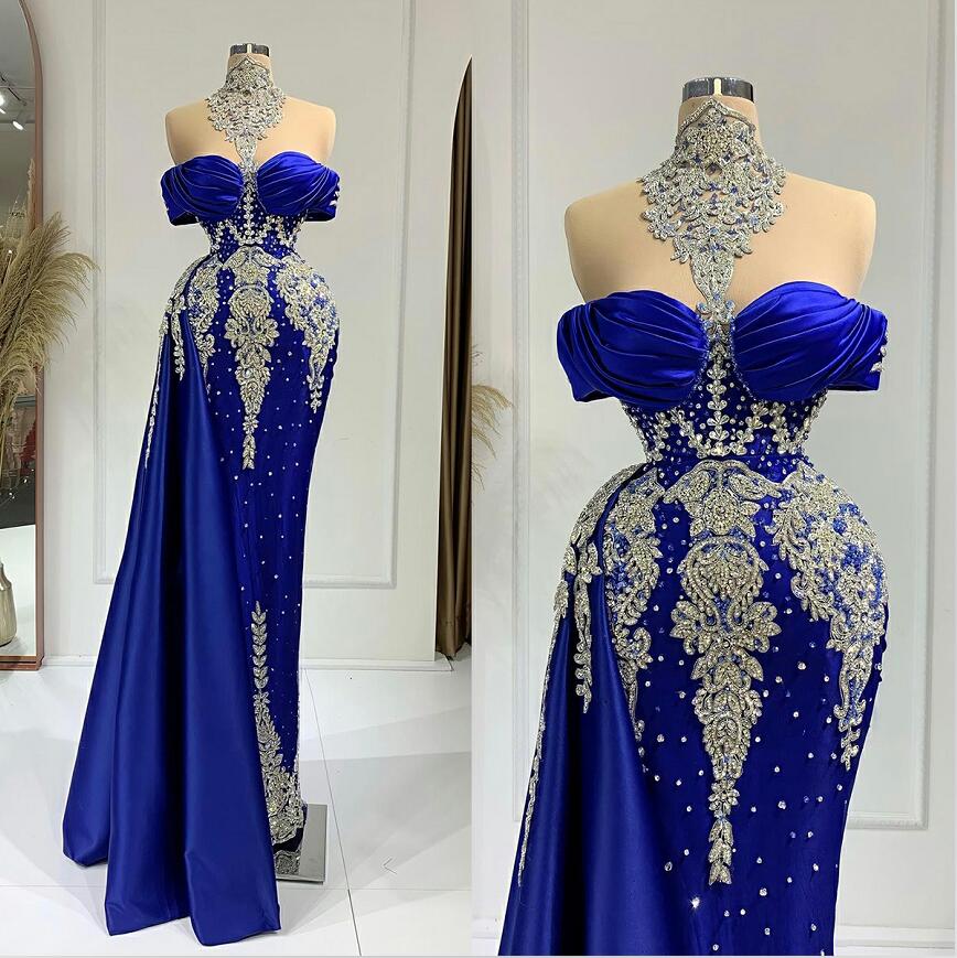 

Royal Blue Mermaid Evening Dress Crystal Beads High Neck Off Shoulder Prom Dresses Beading Custom Made Robe De Soiree, Champagne