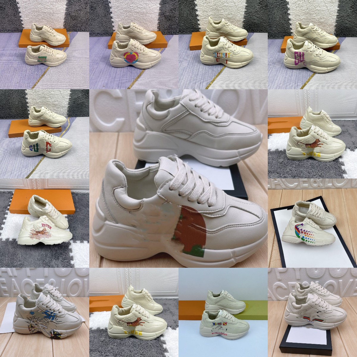 

Little Kid Student Rhyton Designer Dad Shoes Vintage Casual Platform Sneakers Boy Girl Double G Cartoon Sneaker Snake Tiger Letters Print Red Lips Runner Trainer, Cxgup11