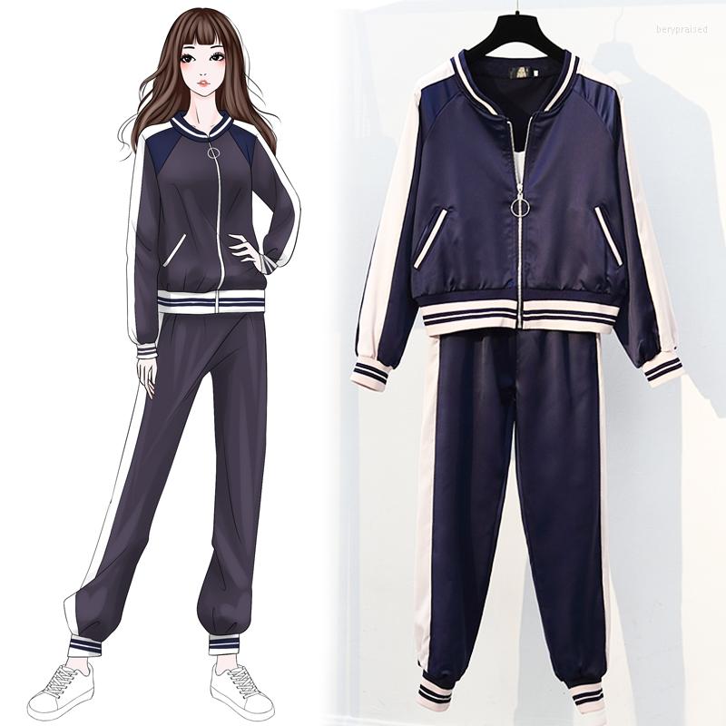 

Women's Tracksuits Large Size Women's Spring And Autumn Color Matching Baseball Uniform Jacket Beam Foot Harem Pants Casual Two-piece, Powder blue stitchin