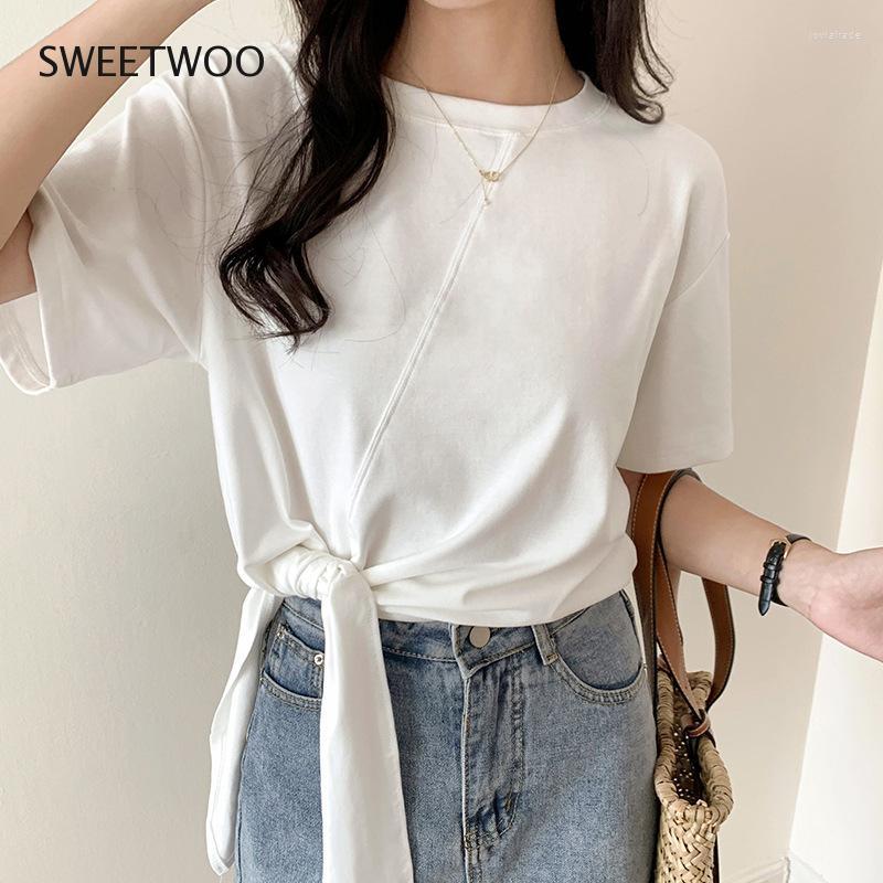 

Women' T Shirts White T-shirt 2022 Summer Irregular Lace Up Cotton T-Shirts For Women Girl Solid Color Loose Short Sleeve Female Tees Tops, Black