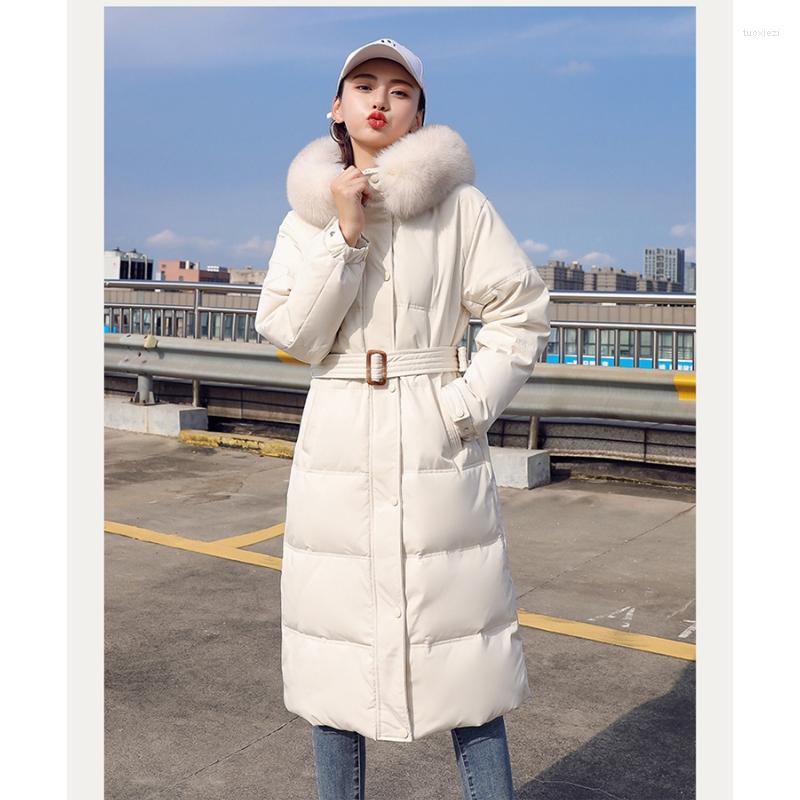 

Women's Down Women White Jacket Medium Length Coat Belt Fashion Waterproof Thicken Warm Winter Duck Feather Female Hooded Outwear, Black