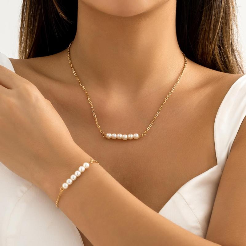 

Necklace Earrings Set IngeSight.Z Simple Imitation Pearl Choker Bracelet Sets For Women Punk Gold Color Short Clavicle Chain Wedding Jewelry, Picture shown