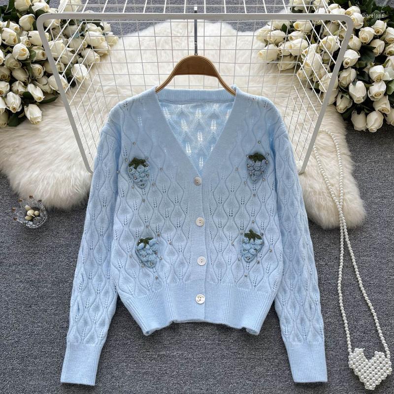 

Women's Knits French Knit Chic Sweater Cardigan Women Beabing Strawberry Button Sweaters Tops Female Casual Ladies V Neck Clothes Drop, Purple