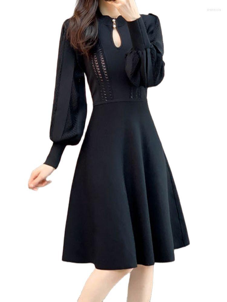 

Casual Dresses Temperament Elegant Knitted Dress High Waist Thin Bubble Sleeve Cotton Knit Skirt 2022 Autumn Fashion Women' Clothing, Black
