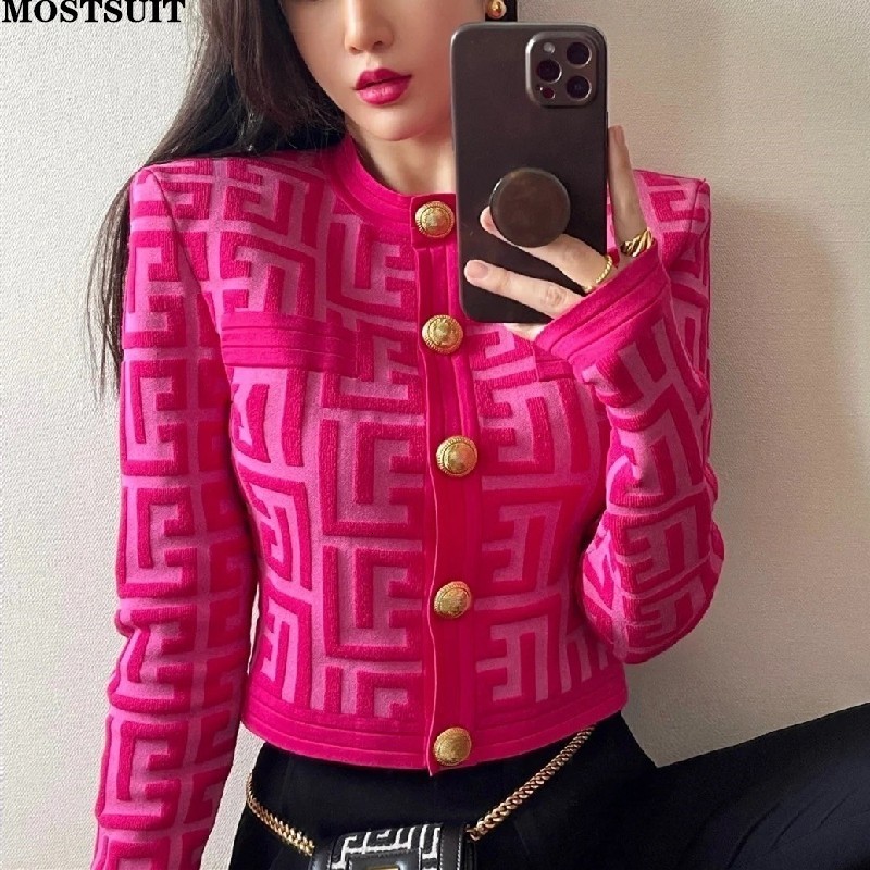 

Women' Knits Tees Autumn Letter Jacquard Knit Cardigan Sweater Women Gold Buttons Streetwear Vintage Slim Jacket Long Sleeve O neck Top Coats 221207, Rose red
