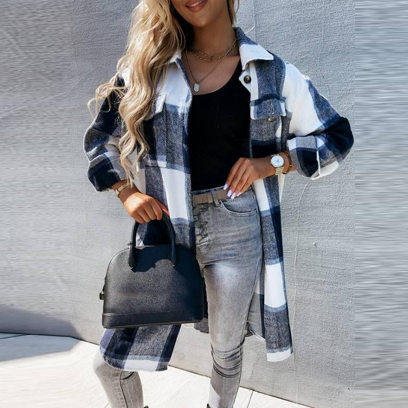 

Women' Blouses & Shirts 2022 Harajuku Plaid Shirt Coat Women Casual Loose Oversize Blend Long Sleeve Lapel Warm Trench Coats Female Chic To, Green