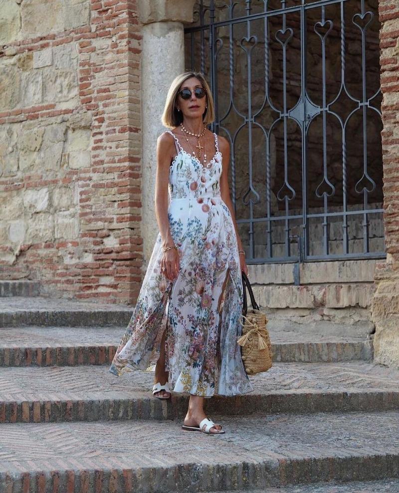 

Casual Dresses Women Floral Print V-Neck Sexy Strapless Hand Woven Embroidery Split Cotton Midi DressCasual, Beige