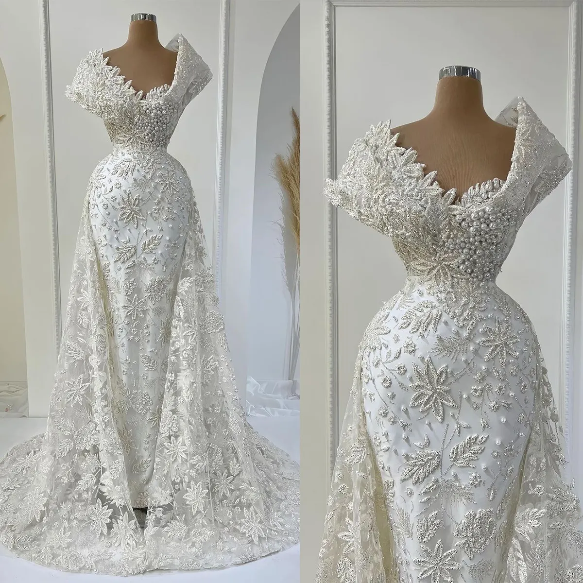

2023 Gorgeous Mermaid Wedding Dresses Bridal Gown Lace Applique Pearls Beaded Overskirt Sweep Train Custom Made Beach Country Plus Size vestido de novia, Silver