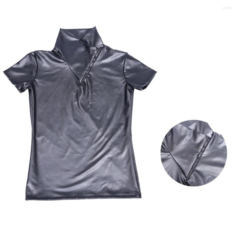 

Men's T Shirts Sexy Oil Glossy Faux PU Leather Short Sleeve Stand Collar Tshirt Motorcycle Cycling Body Shaper Tee Shirt Men High-Elastic, Black