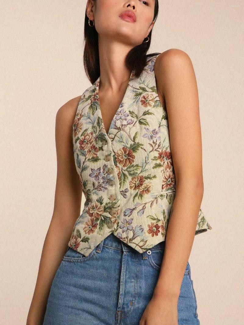 

Women's Vests Women Floral Printed Vest Jacket Ladies Single-Breasted V-Neck Slim Casual Sleeveless Coat Top 2022 Autumn All-Match