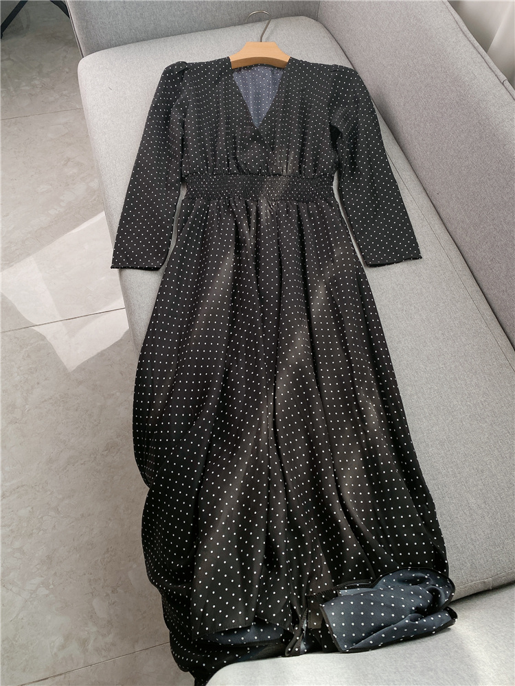 

2023 Spring Multicolor Polka Dot Dress Long Sleeve V-Neck Elastic Waist Midi Casual Dresses W2D081112, Multi
