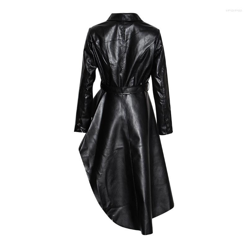 

Women' Leather Vintage Party Overcoat Waisted Belt Trim V-neck Women Faux Long Jacket T-show Outwear Fashion Irregular Top, Black
