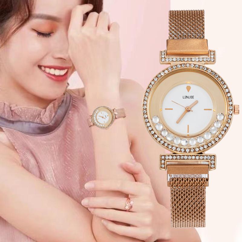 

Wristwatches Fashion Luxury Rhinestone Women Watches Casual Texture Dial Design Ladies Quartz Rose Gold Magnet Steel Mesh Strap, Red