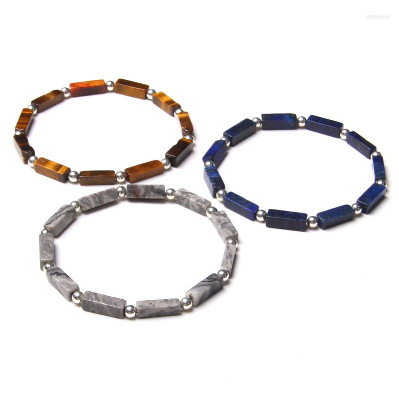 

Strand Fashion Cuboid Natural Stone Bracelet Bloodstone Tiger Eye Lapis Lazuli Silver Color Round Beads Charm Bracelets For Women Men