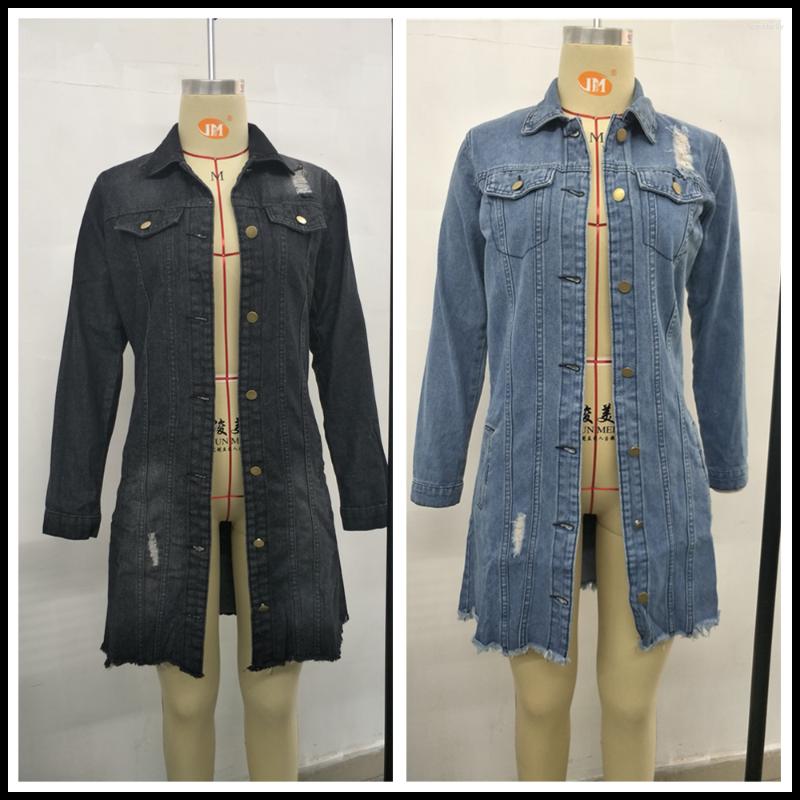 

Women' Trench Coats 2022 Black And Blue Women' Long Denim Coat Fashion Casual Ripped Jeans Windbreaker Female Fall/Winter Clothes