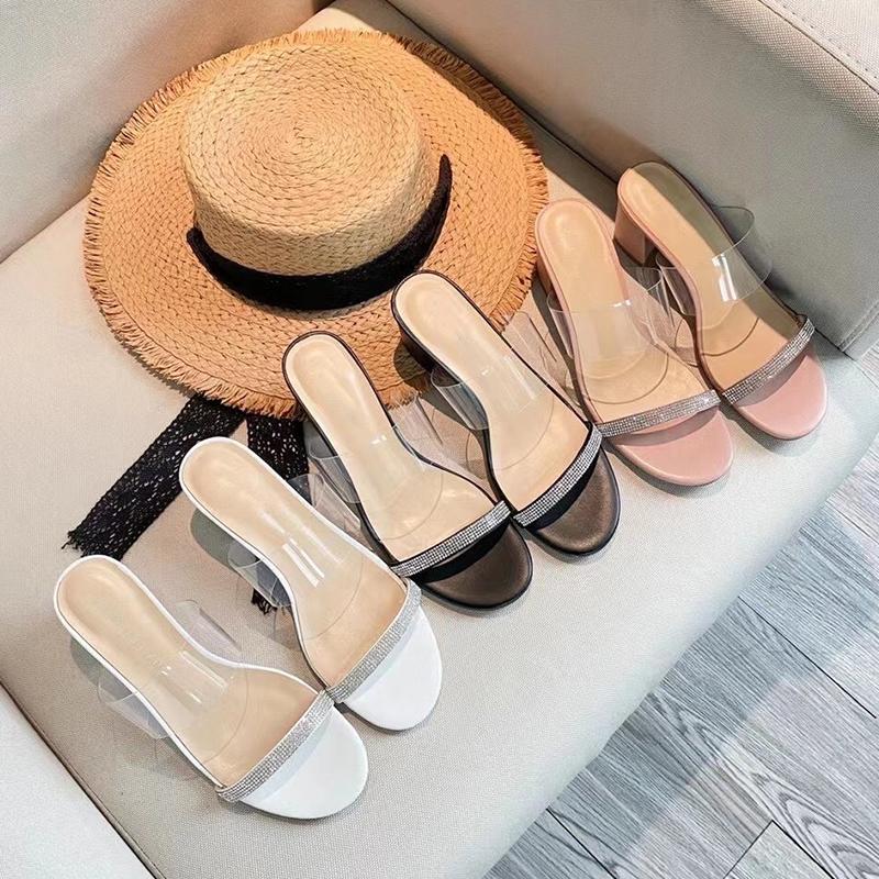 

Sandals Rhinestone Transparent Belt 2022 Summer One Word Leather Back Space High-heel And Slippers, Black