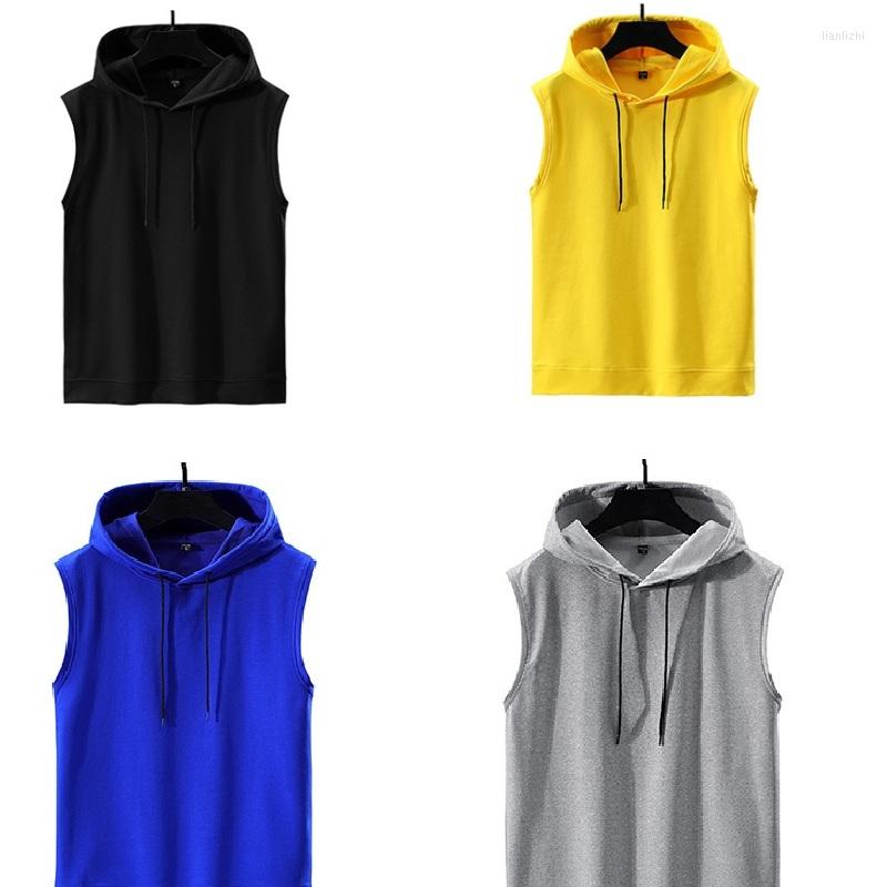 

Men' T Shirts Men Cool Fitness Sports Sleeveless Tees Chic Solid Color Hooded Summer Vest T-shirt For Male Korean Preppy Style Basketball, Black