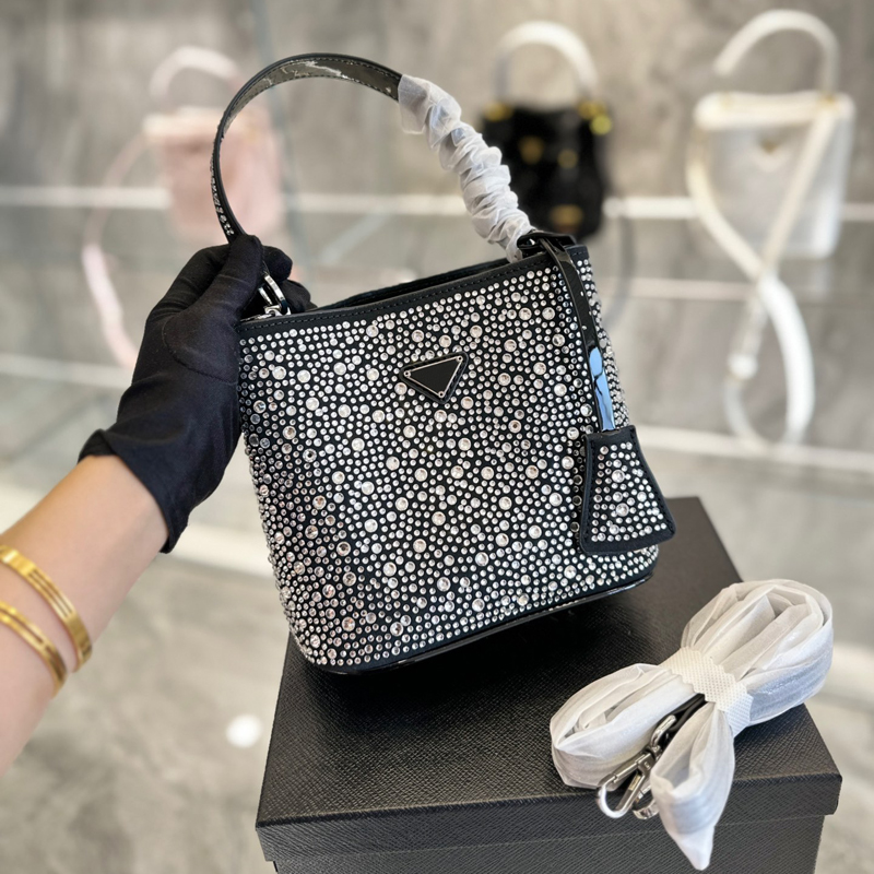 

23ss Rhinestone Drawstring Bucket Bag New Designer Women Shoulder Bags Diamante Crystals Crossbody Designers Purse Womens Handbags 12083, Gold
