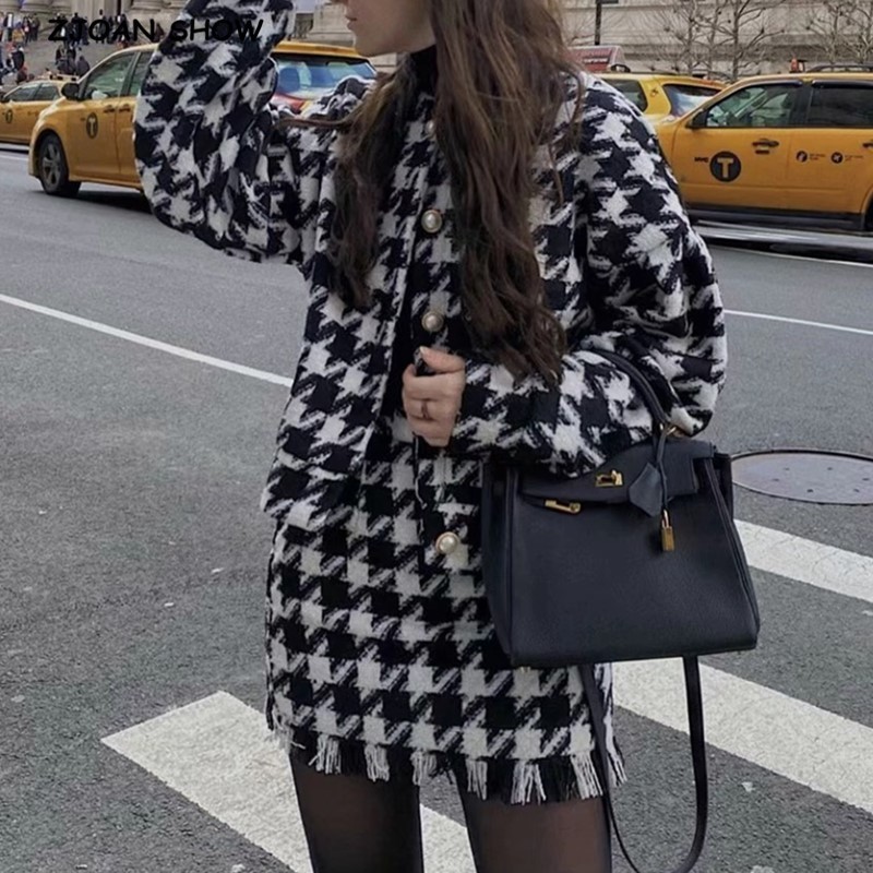 

Two Piece Dress Vintage Sweet Women Pearl Button Black Check Gingham Plaid Blazer High Waist Mini Short Skirts Long Sleeve Suits 2 Pieces Set 221207, Black plaid 1 set