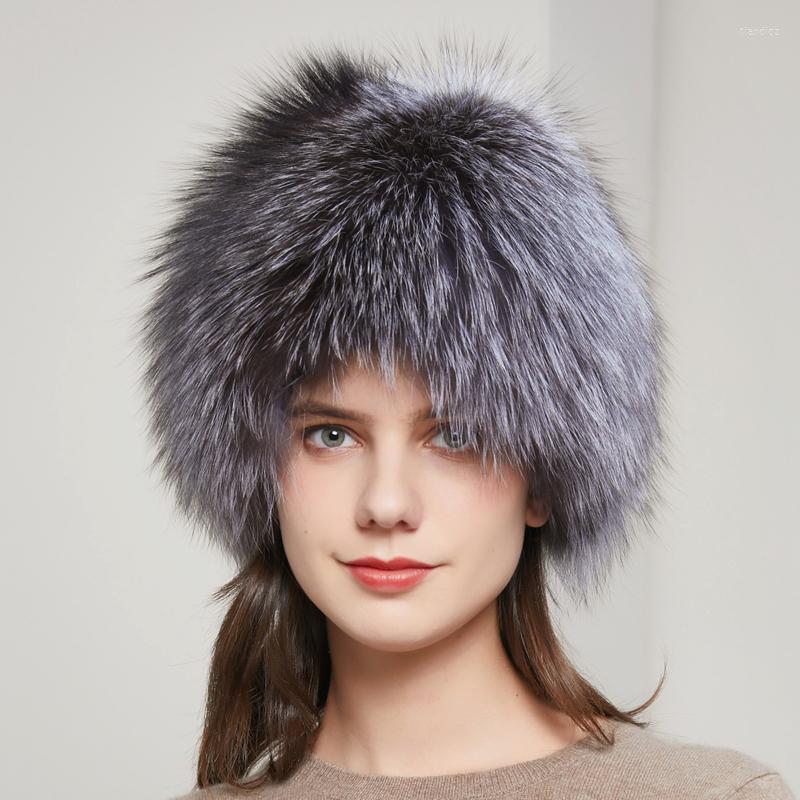 

Berets JKP Winter Ladies Real Natural Knitted Beanie Cap Russia Warm Ear Protection Fashion Silver Fur Women Hat HY-11, Picture shown