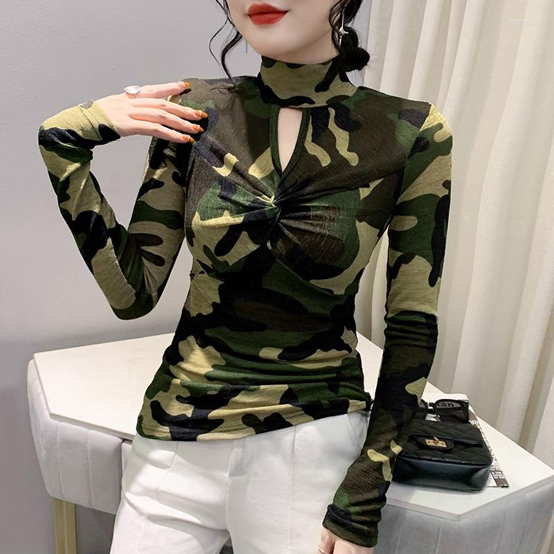 

Women's T Shirts Fall Winter European American Clothes Camouflage T-Shirt Sexy Turtleneck Hollow Out Print Women Tops Long Sleeve Tees 9507