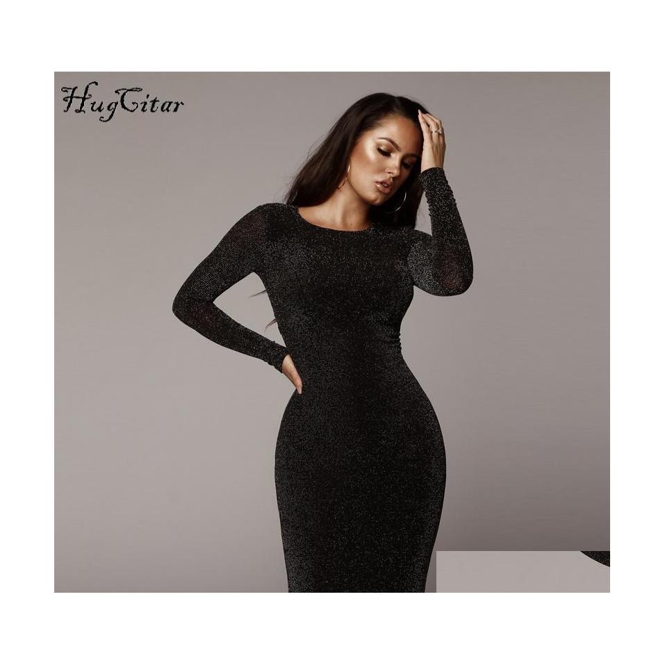 

Casual Dresses Hugcitar Shiny Long Sleeve High Waist Sexy Slim Midi Dress Autumn Winter Women Fashion Bodycon Party Elegant Clothes Dhanl, Black