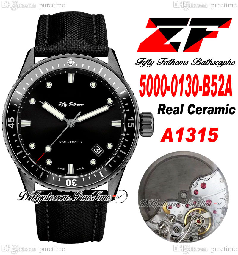 

ZF Fifty Fathoms Bathyscaphe A1315 Automatic Mens Watch 5000-0130-B52A Real Ceramic Case Black Dial Super Edition Sail-Canvas Strap 50 Fathoms Puretime A07