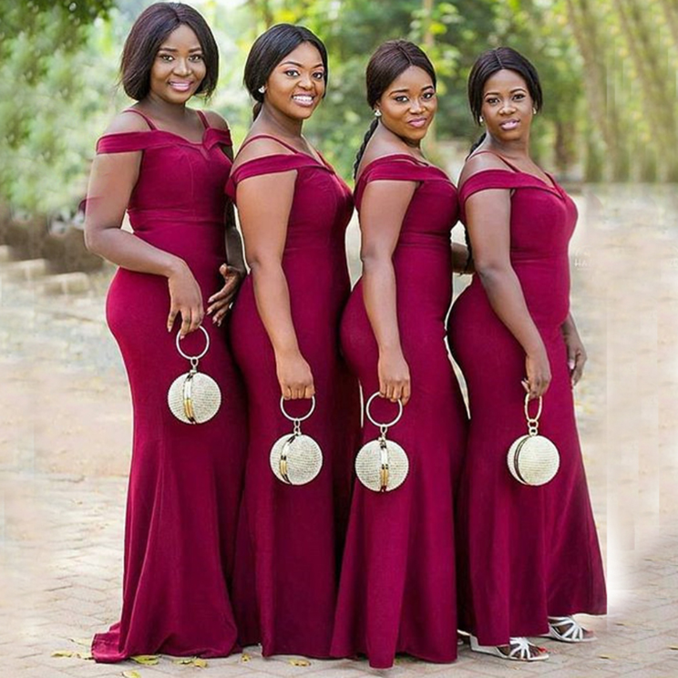 

Burgundy Bridesmaid Dresses African Arabic Girls Sexy Spaghetti Strap Mermaid Off Shoulder Backless Maid Of Honor Gowns Plus Size Custom Made