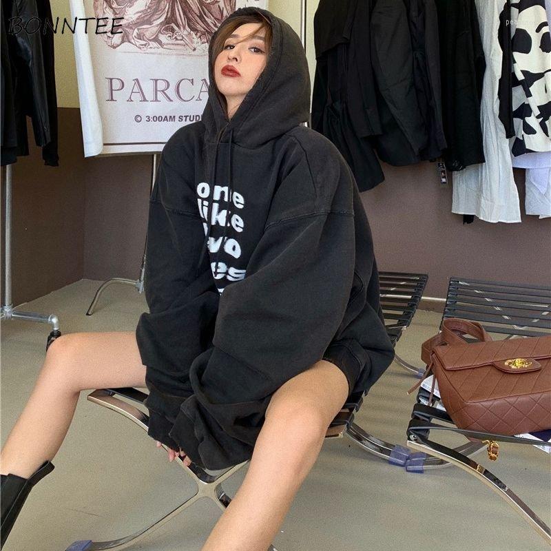 

Women' Hoodies Women Thickening Letter Drawstring Black Plus-velvet Winter Harajuku Streetwear Leisure Student Warm Clothes Female Chic, Black-thicker