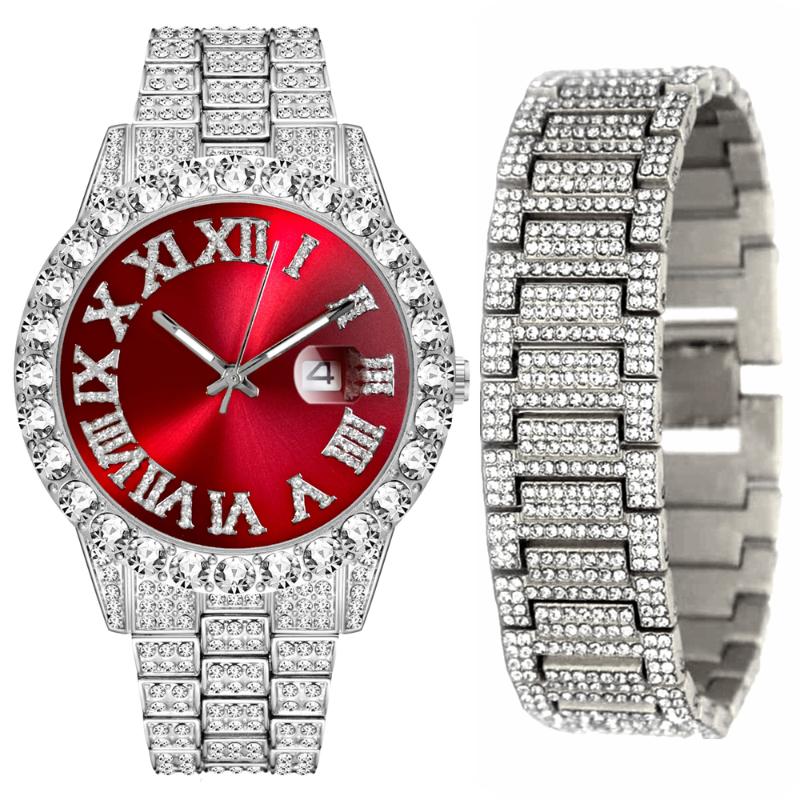 

Wristwatches Iced Out Watch Chain Bracelet For Men Set Mens Hip Hop Jewelry Gold Diamond Luxury Fashion Relojes, Gold red