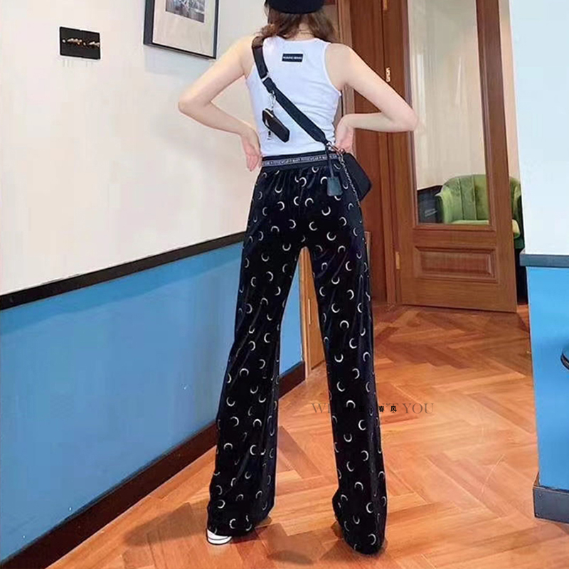 

Women Pants marine Spring Summer High Waist Print Moon Elastic Stretch Wide Leg Pant Black
