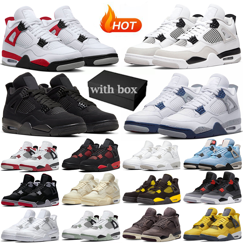 

With Box Jumpman 4 Basketball Shoes 4s Military Black Cat Midnight Navy Fire Red Cement Oreo Sail Cactus Jack Thunder Bred Men Women Sneakers Outdoor Sports Trainers, Red thunder
