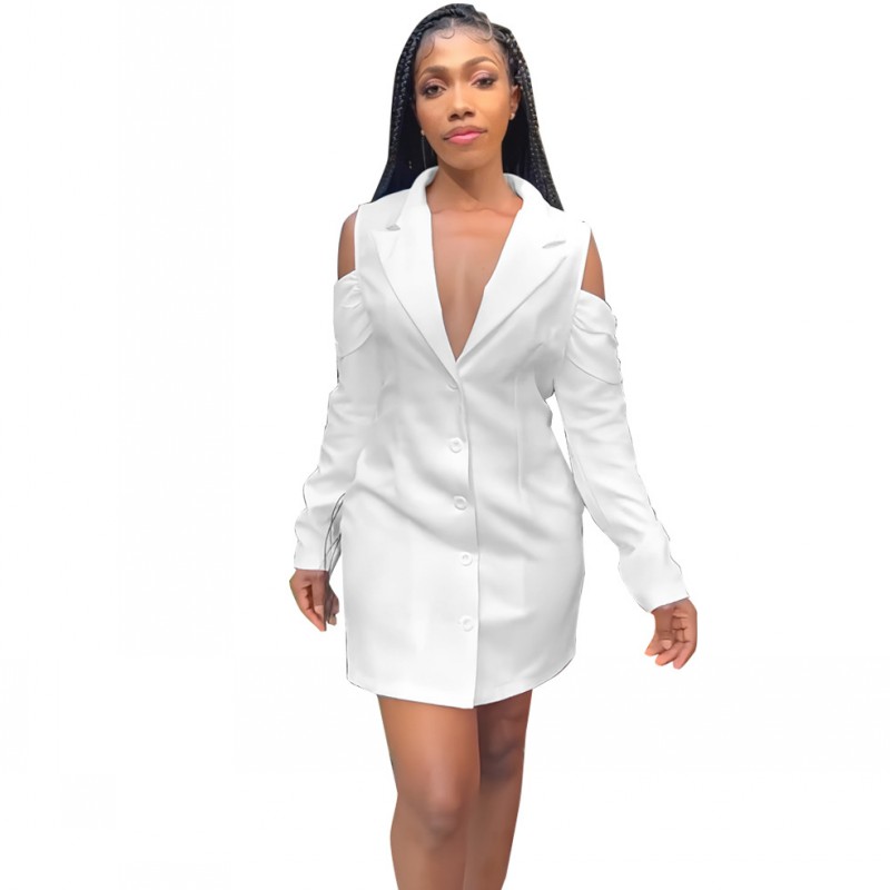 

Sexy Deep V Suit Collar Fashion Off Shoulder Shirt Dress Women Spring Summer New White Button Short Dresses Office Lady Vestidos