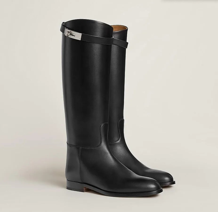 

Perfect boot Jumping Tall Boot Kelly Buckles Women black Genuine Leather Knee-boots Brown Ladies Martin Booties Female Knight Boots Sapatos Mujers