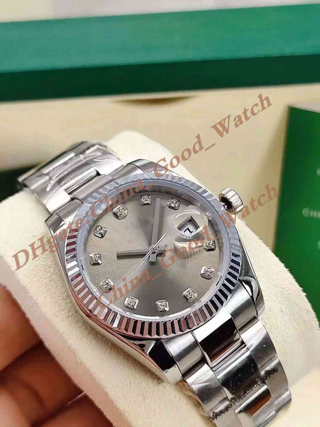 

36mm Watches For Men Watch Men's 2813 Automatic Movement Steel Bracelet Diamond bezel grey dial Wristmatches sapphire crystal Christmas Gifts Original box, 01