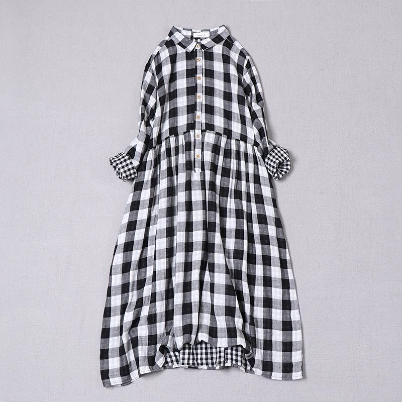 

Casual Dresses Japanese Literary Women Black And White Large Plaid Dress Spring 2022 Cotton Long-sleeved Midi