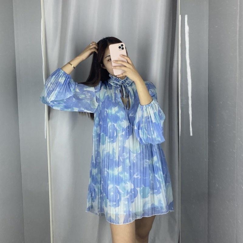 

Casual Dresses Summer Women Long Sleeve Bohemian Mini Dress Brand Design Ruffle Stand Collar Hollow Out Printed Hawaii Pleated, Blue