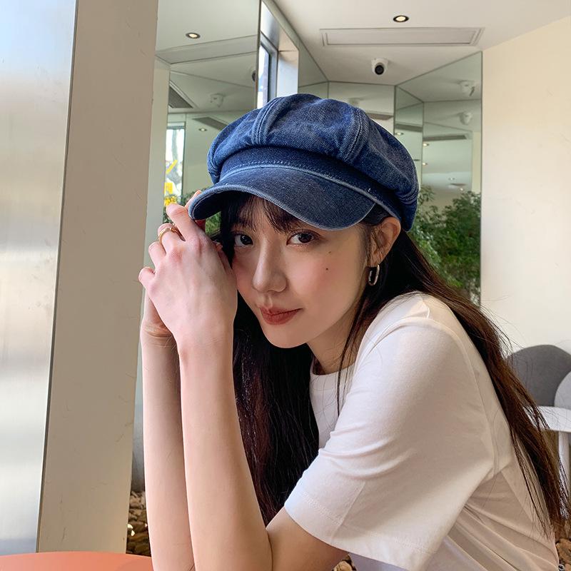 

Berets Spring Summer Cowboy Octagonal Hat For Women Fashion Designer Denim Painter Lady Literary Retro Sboy, Black