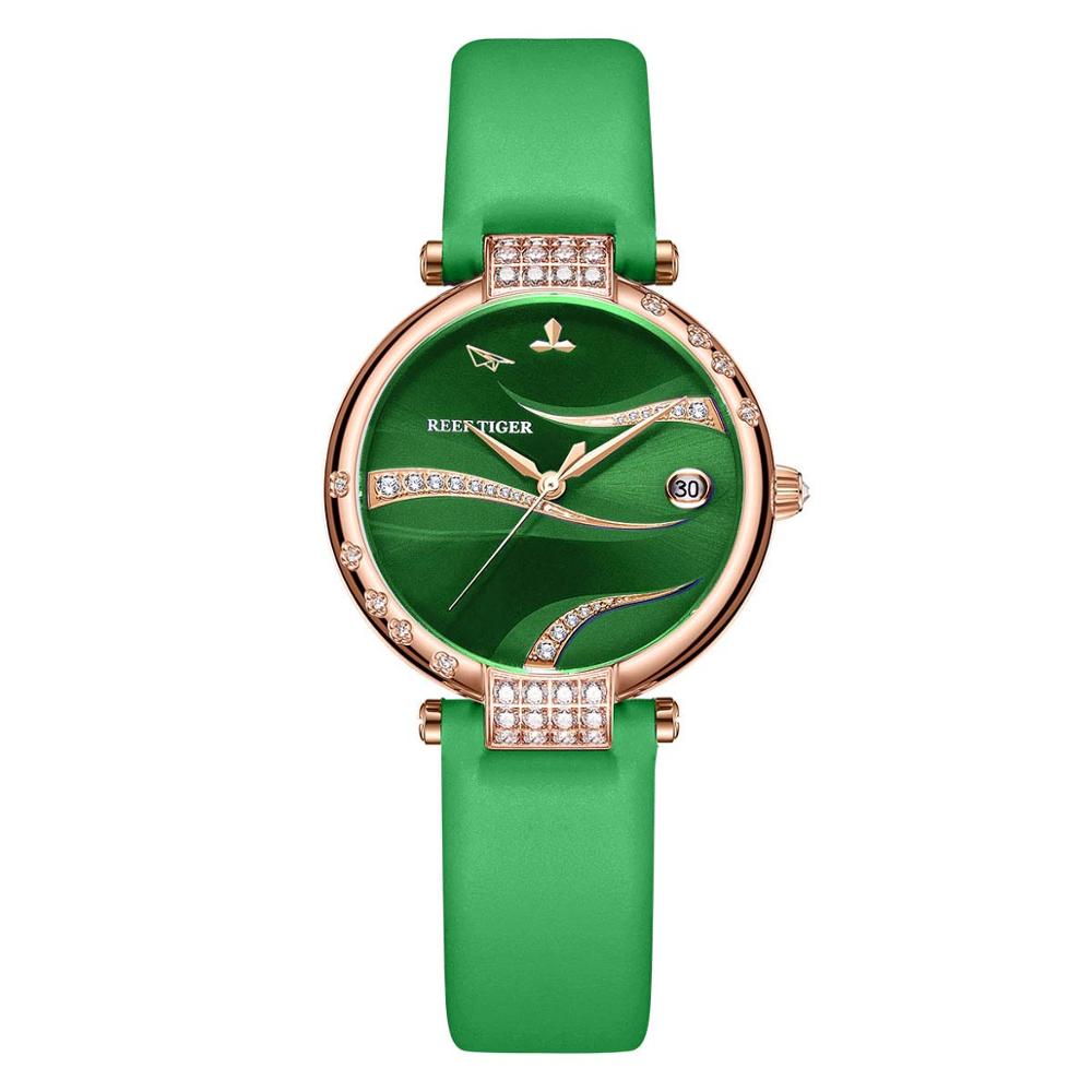 

Reef Tiger/ RT Diamonds Automatic Leather Band Fashion Women Rose Gold Case Stainless Steel Luxury Ladies Watches RGA1589, Green